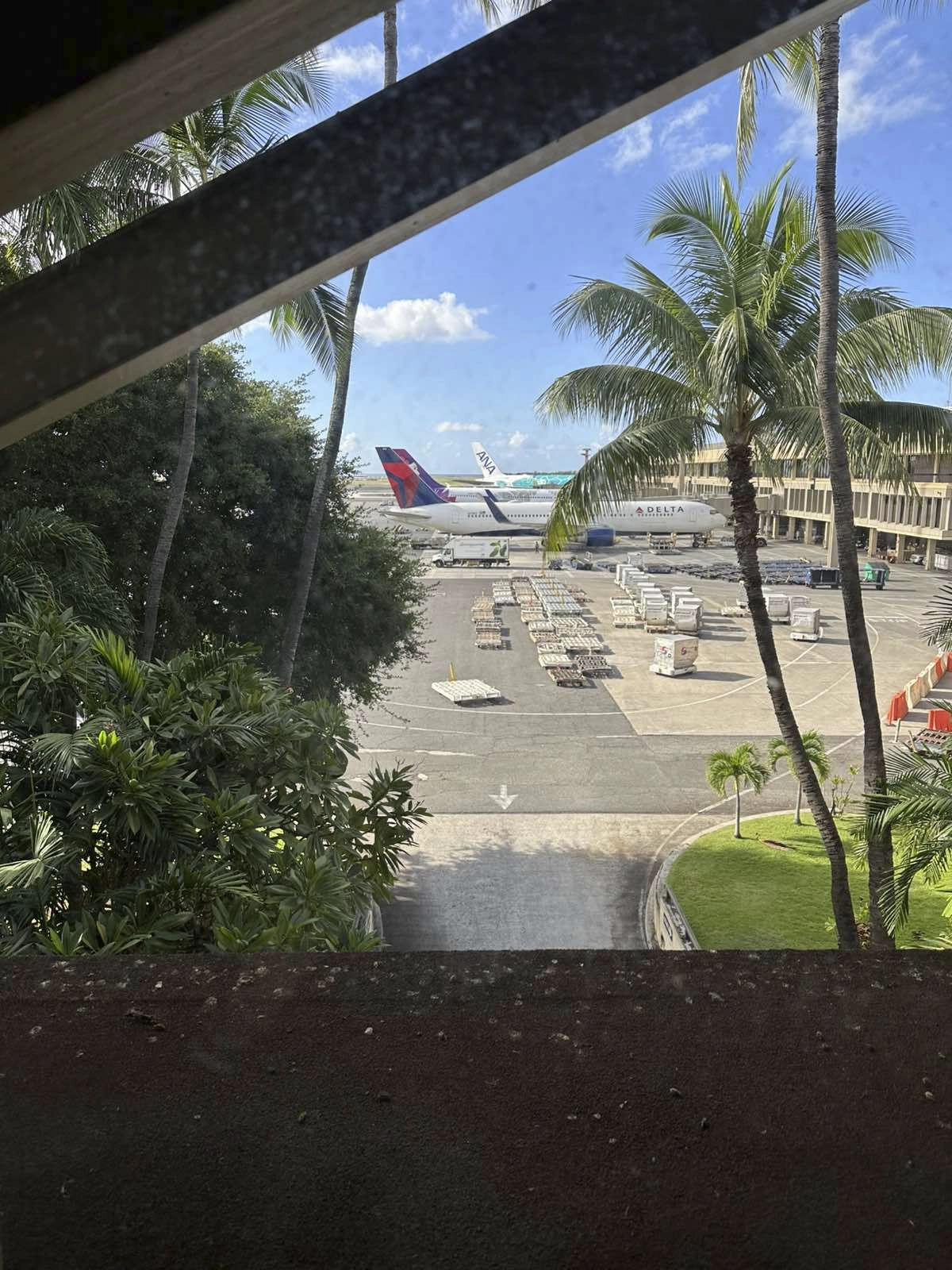 ハワイの空港から撮影した飛行機の駐機場。デルタ航空の飛行機と青空が見える。