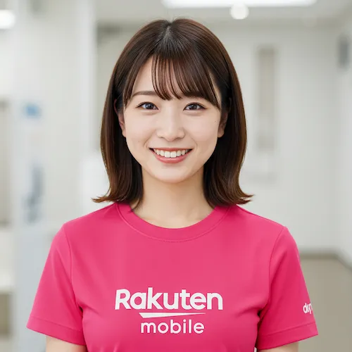 楽天モバイルTシャツ姿でサムズアップする佐倉れな、信頼感あふれる笑顔のプロフィール写真