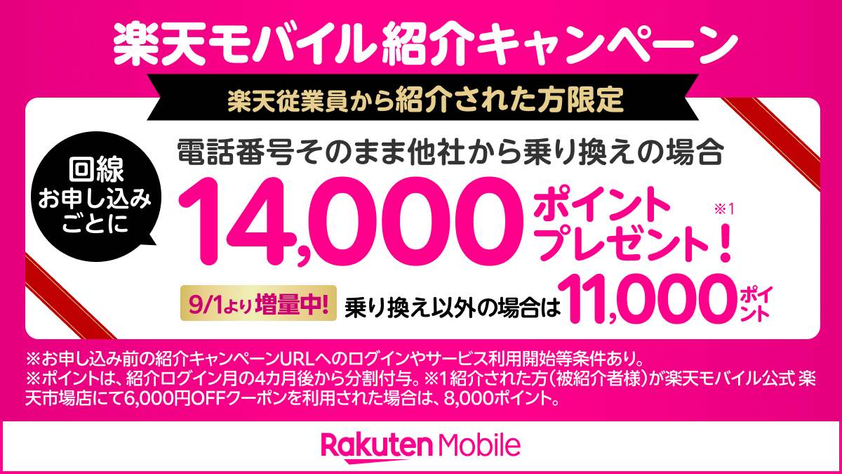 楽天モバイル従業員紹介キャンペーン経由での契約で最大14,000ポイント獲得