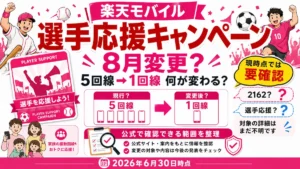 楽天モバイル選手応援キャンペーンが2026年8月に変更？適用可能回線数が5回線から1回線になる案内について、対象が2162か選手応援キャンペーンかは要確認。2026年6月30日時点