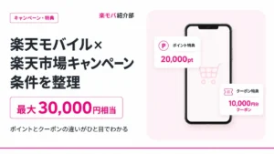 楽天モバイル×楽天市場キャンペーンの解説記事のアイキャッチ画像。他社から乗り換えで初めて申し込み、Rakuten Linkの利用と楽天市場での買い物まで条件をすべて満たすと最大20,000ポイント、楽天市場の利用経験がない契約者には10,000円分クーポン。2026年8月7日確認。