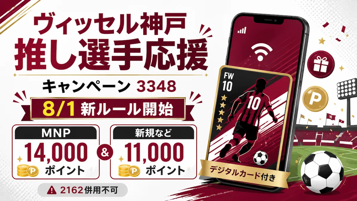 楽天モバイル ヴィッセル神戸推し選手応援キャンペーン（コード3348）2026年8月1日新ルール開始。他社から乗り換えで14,000ポイント、新規申込等で11,000ポイント、選手デジタルカード付き。紹介キャンペーン（コード2162）とは併用不可。